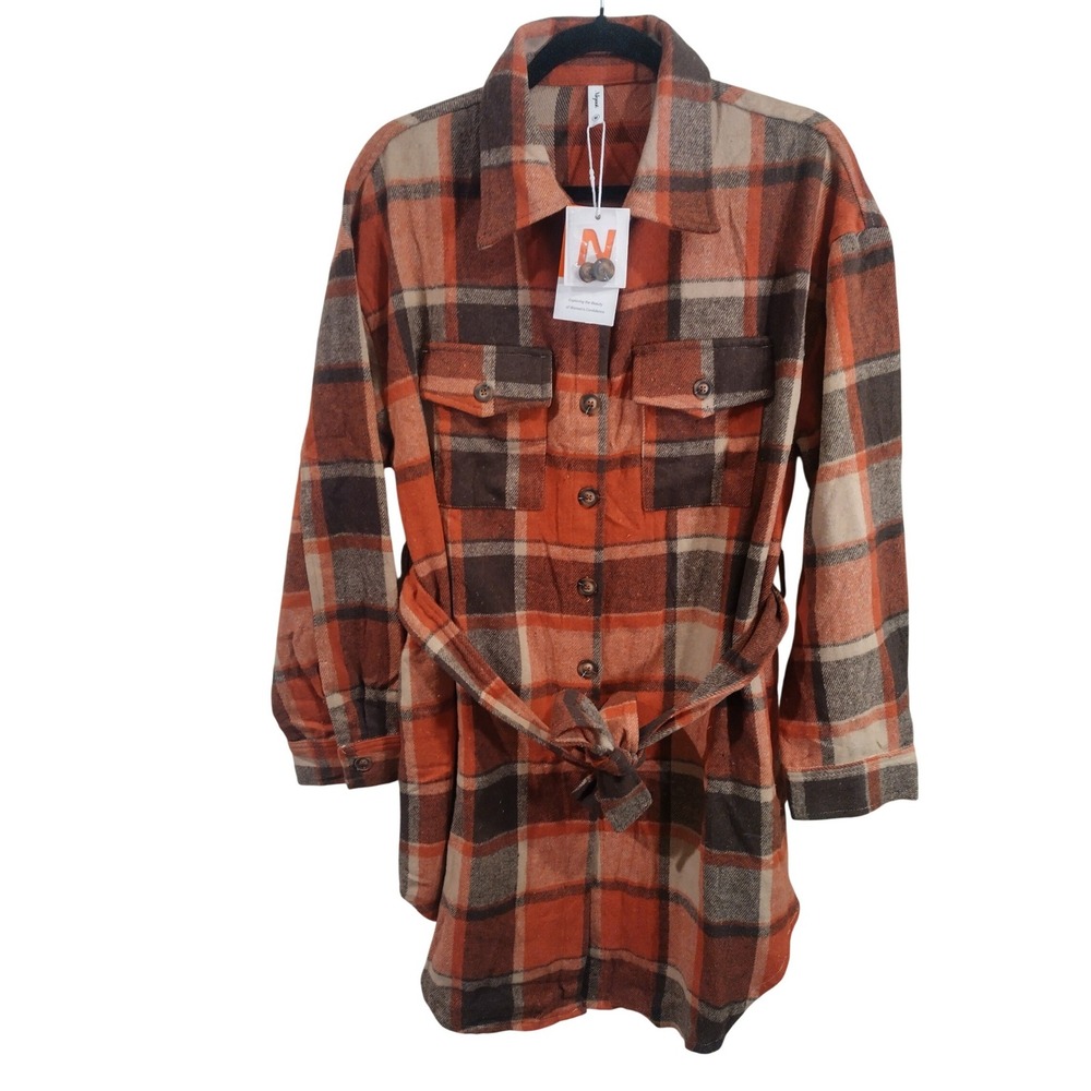 Nieyook Plaid Long Sleeve Belted Shacket Oversized Orange Brown Tan Size M